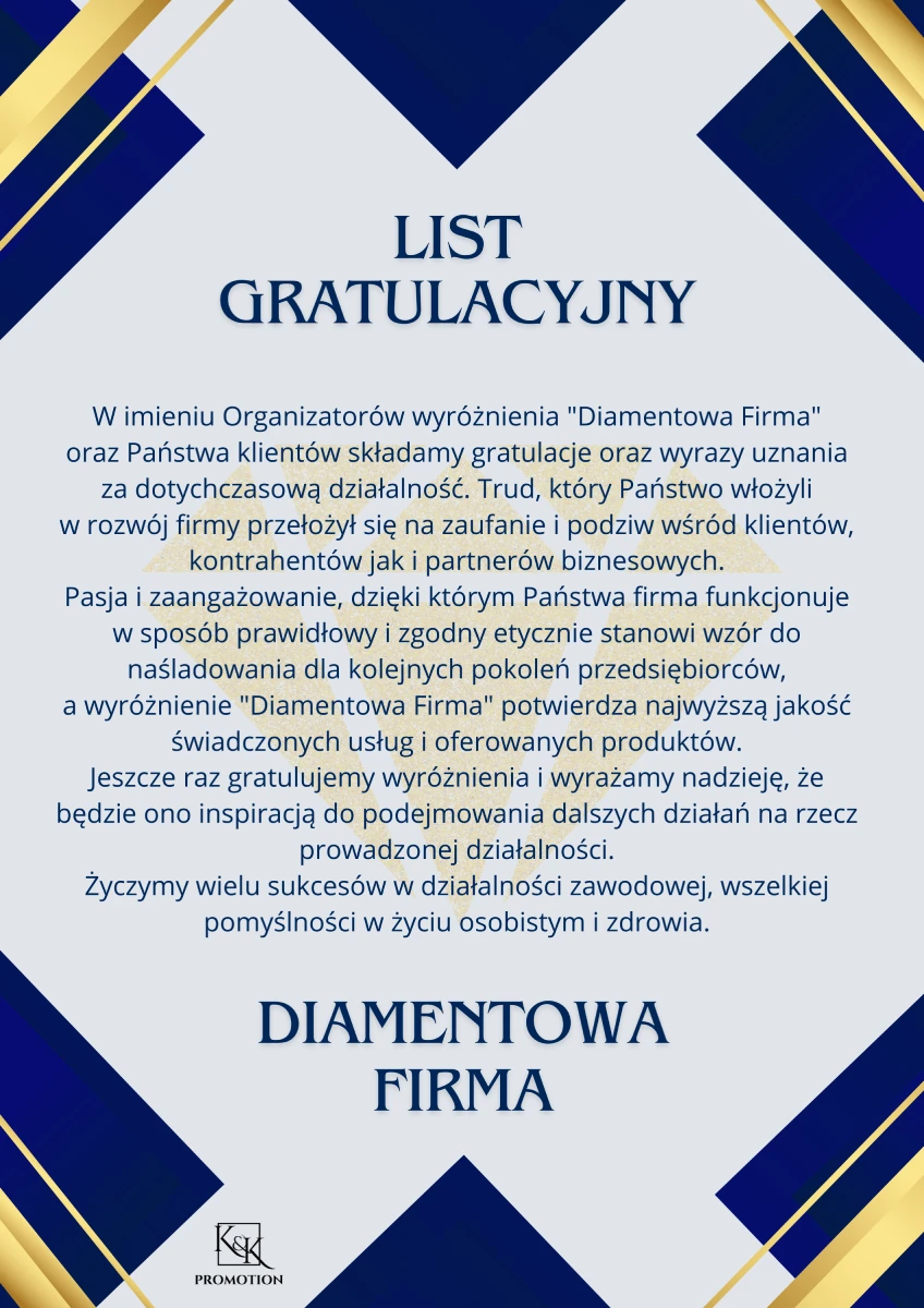 List gratulacyjny Diamentowa Firma